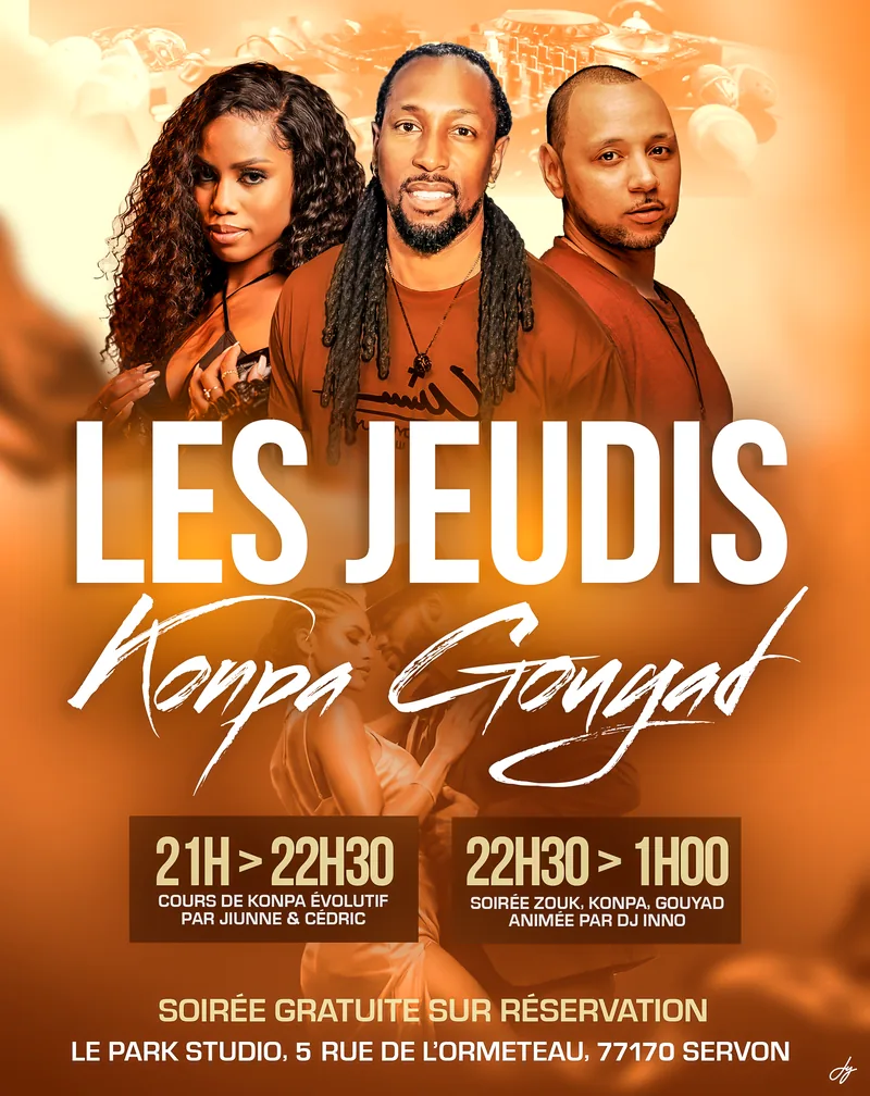 Les Jeudis Konpa Gouyad au Park Studio : cours à 21h, soirée Zouk Konpa Gouyad à 22h30, entrée gratuite sur réservation